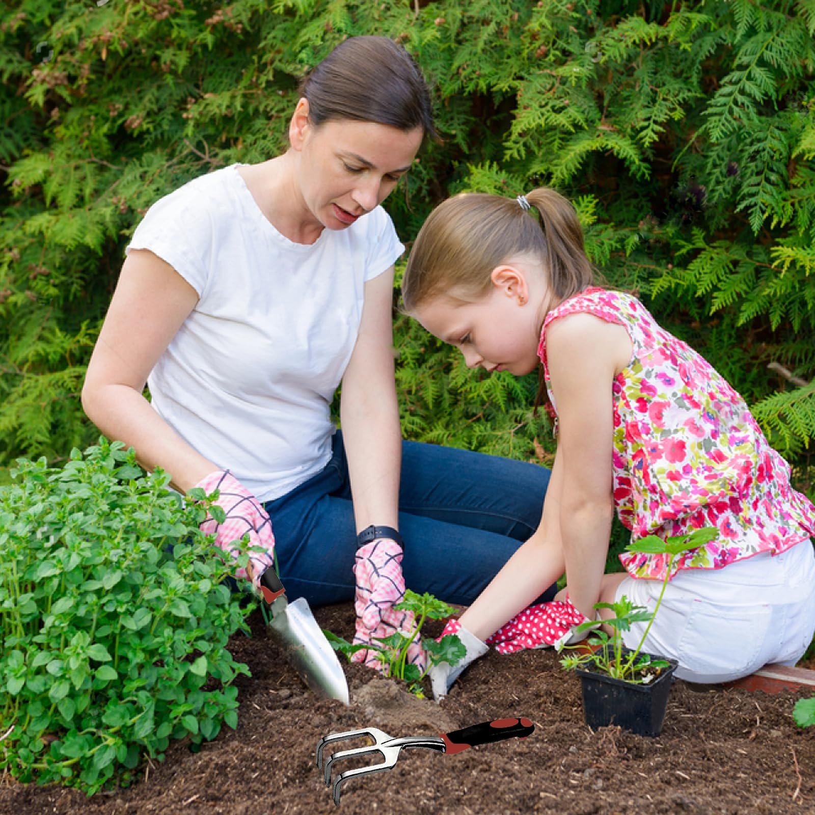 Juego de herramientas de jardín, 3 piezas, incluye paleta de jardín, paleta de trasplante y rastrillo de mano con mango ergonómico antideslizante, kit de jardinería resistente para jardinería