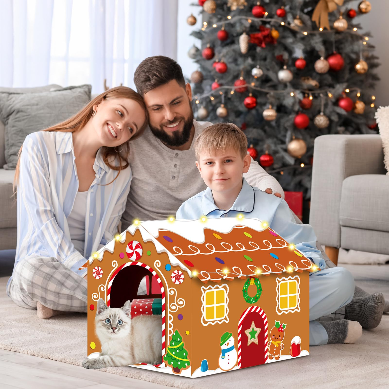 Casetta natalizia per gatti in cartone con luce a LED, tiragraffi con pan di zenzero, casetta per gatti di Natale, 39,9 x 34 x 32 cm, tiragraffi per gatti da interni