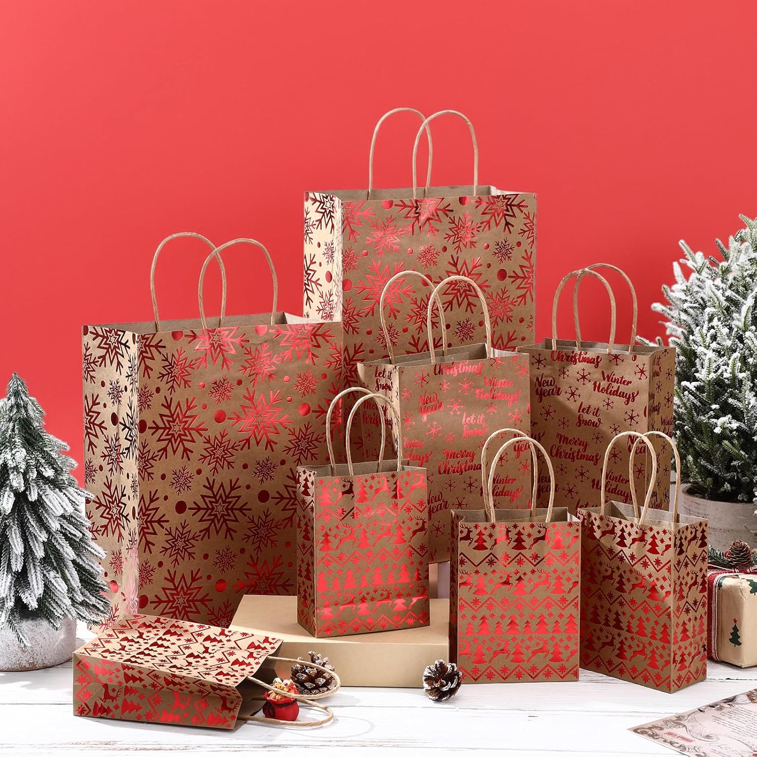 Tinlade 48 Pcs Christmas Kraft Paper Bags Bulk Assorted Sizes Bronzing Gift Bag Metallic Treat Goodie Red Supplies for Winter Holiday New Year Party Packaging Decor - 24 Small, 14 Medium, 10 Large