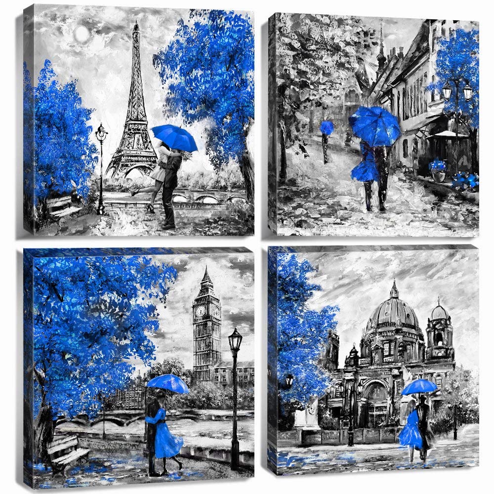 AIYISUParis Wall Art for Bedroom Decor Black and White Canvas Art Eiffel Tower Bathroom Pictures, Navy Blue Paintings Home Living Room Decor Romantic Couples with Umbrella Artwork 30x30cm 4Pcs/Set
