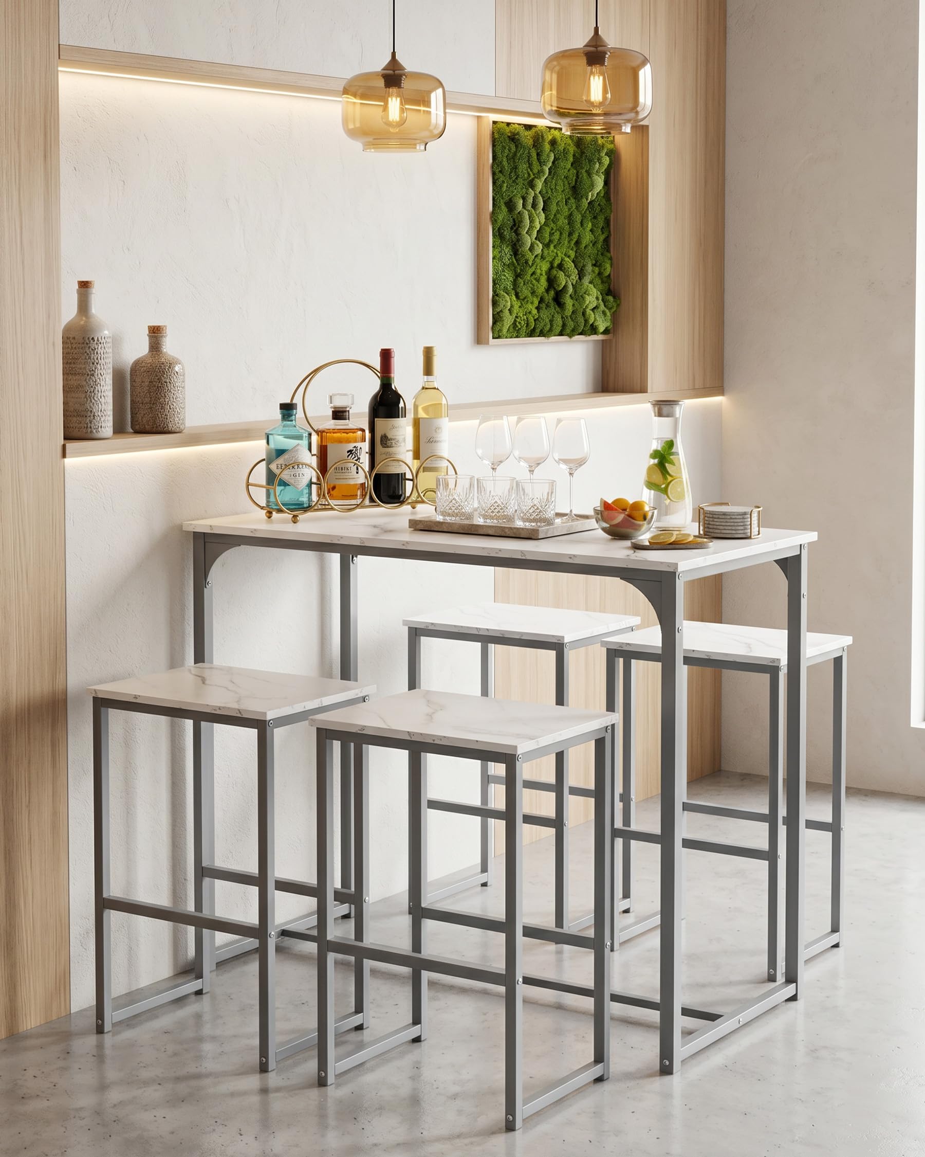 Mesa Alta 100x50cm, Mesa Alta Cocina con Taburetes, Mesa Bar, Mesa de Bar, Barra Cocina, Tablero Efecto Mármol Blanco con Estructura Plata Mate