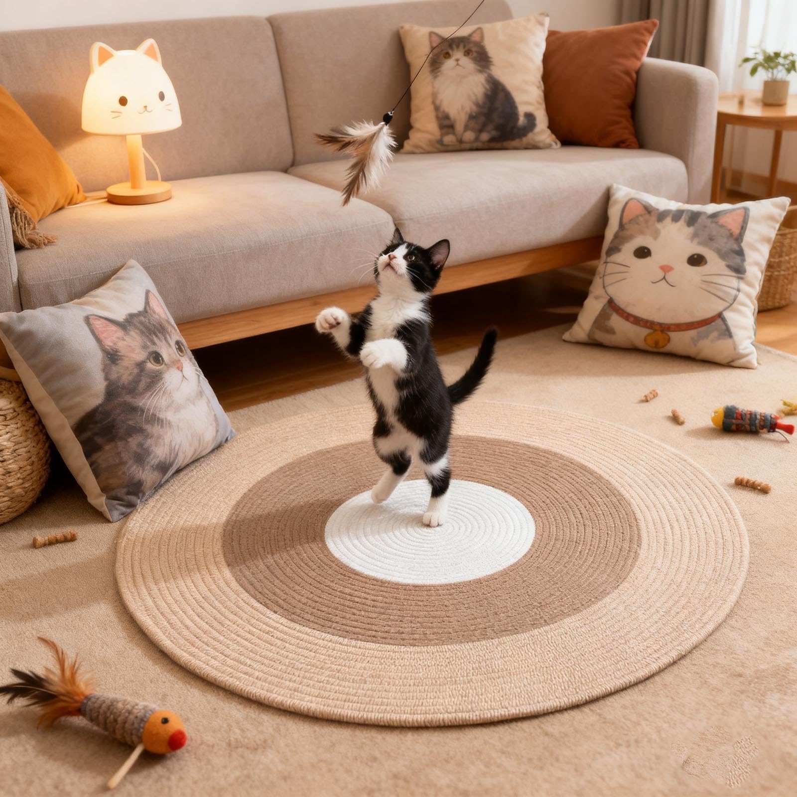 Rope Woven Cat Scratching Rug Reversible Round Floor Mat Natural Fiber Soft Textured Washable Home (N, 80cm)