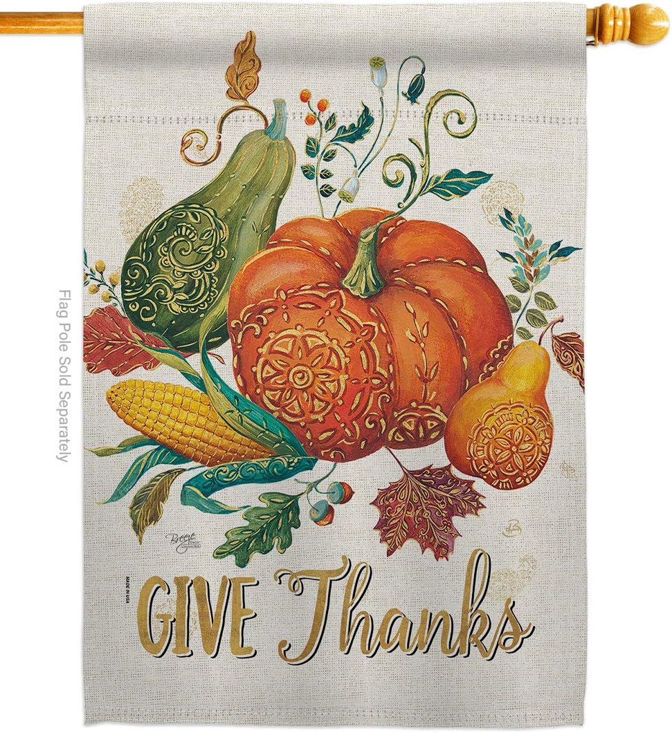 Suzani Give Thanks House Flag Falltime Thanksgiving Turkey Gobble Pumpkin Season Autumntime Cornucopia Small Decorative Gift Yard Banner Made In USA 28 X 40