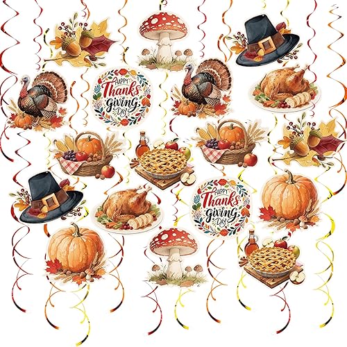 Juego de decoraciones de fiesta de remolinos colgantes de Acción de Gracias, 48 piezas, tema de otoño, calabaza, hoja de arce, pavo, suministros