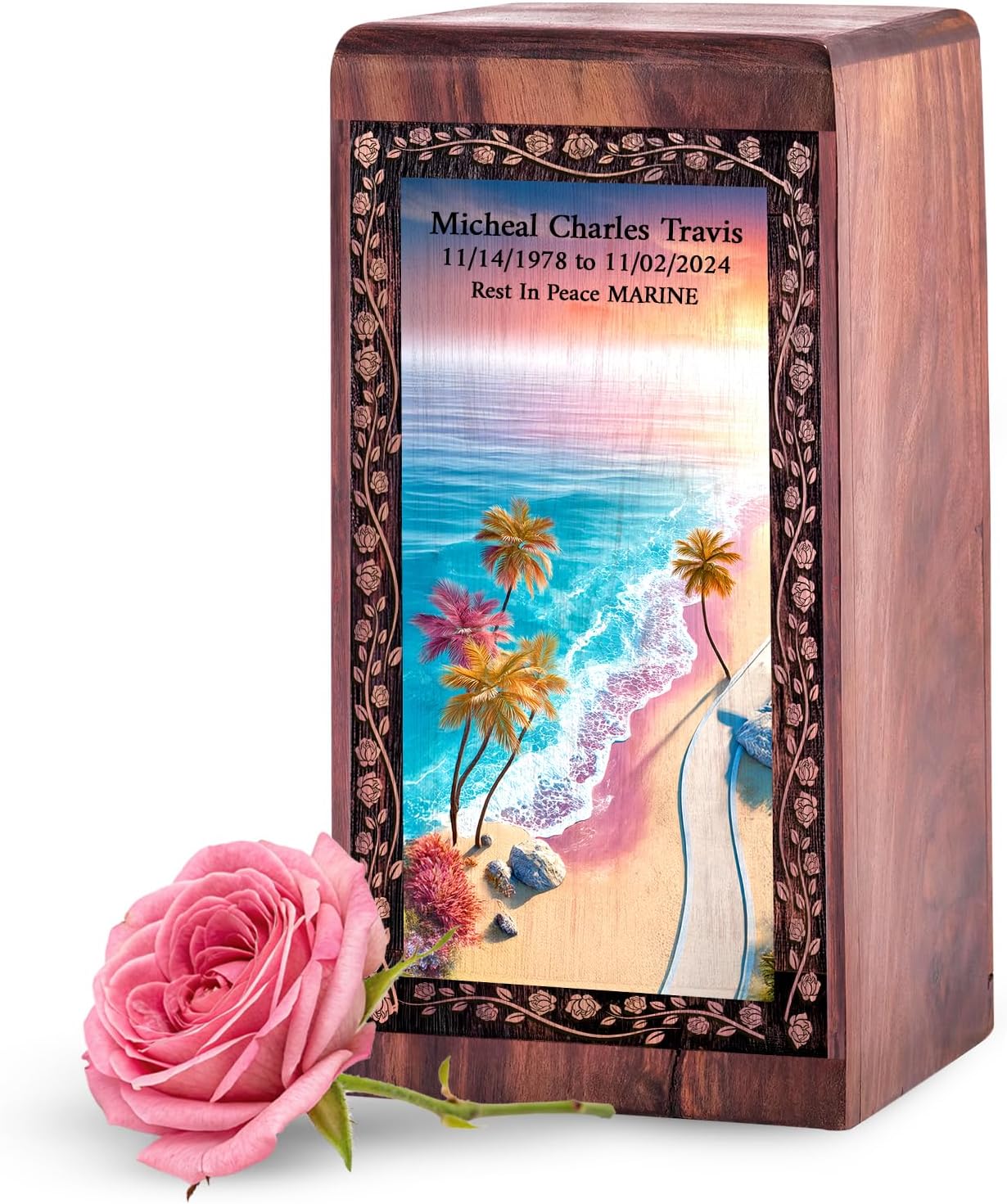 Beach Urns - Custom Wooden Urn for Ashes Adult - 11 Inch Large Personalized Urn for Ashes - Handcrafted Wood Cremation Urns for Adult Male - Wooden Box - Burial Ash Holder
