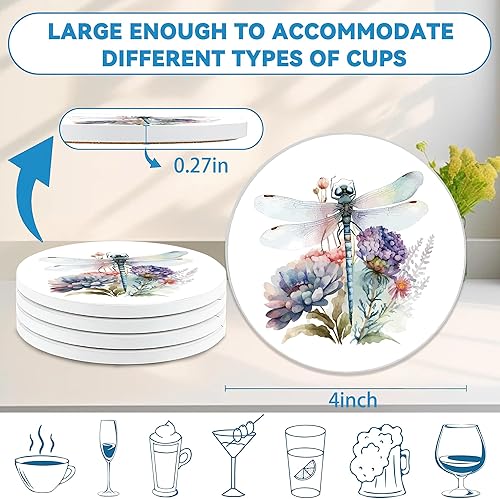 Miniatura 2 de Juego de 4 posavasos redondos de flores silvestres de libélula de 4 pulgadas, posavasos absorbentes de piedra de cerámica con base de corcho,