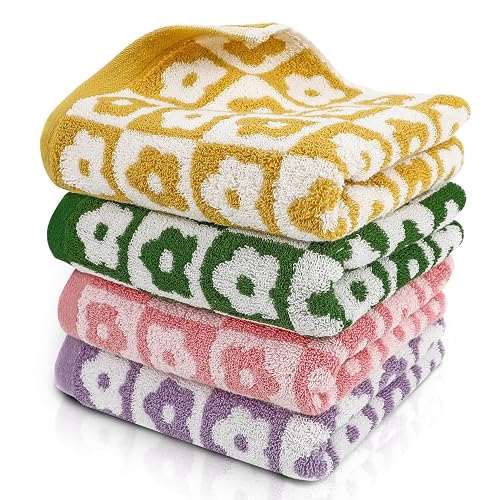 Sawowkuya 4 Pcs Hand Towels Checkered Floral, 100% Cotton Bathroom Towels Checkered Towel, Soft Absorbent Hand Towels for Bathroom, 13” x 29” Cute Patterned Face Towels for Bath Spa Gym Kitchen - Lilac, Pink, Yellow, Green