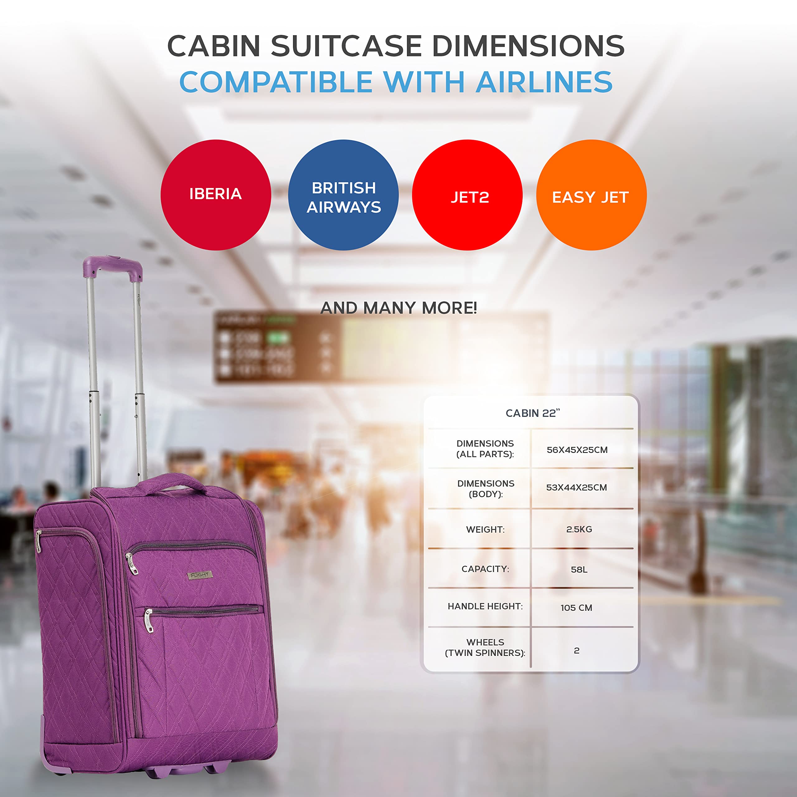 Flight Knight 56x45x25cm easyJet & British Airways Large Carry On Approved & Tested Maximum Size Hand Luggage Case - 2 Wheels - Ultra Lightweight Durable Soft Case Textile Cabin Suitcase