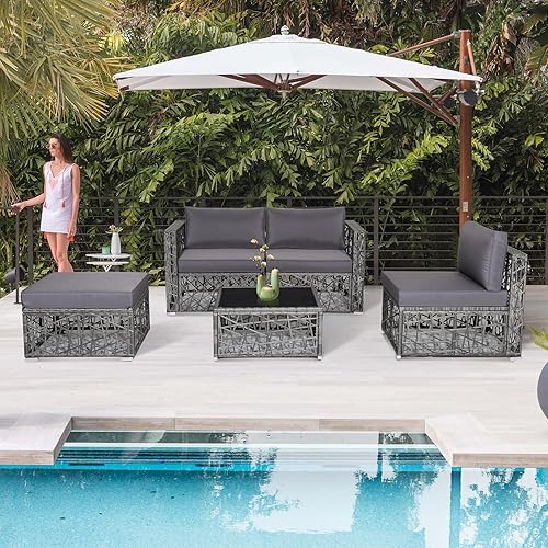 Miniatura 2 de Tangkula Patiojoy - Juego de muebles de patio de 5 piezas, para todo tipo de clima, resistente al aire libre, mimbre de polietileno para exteriores,