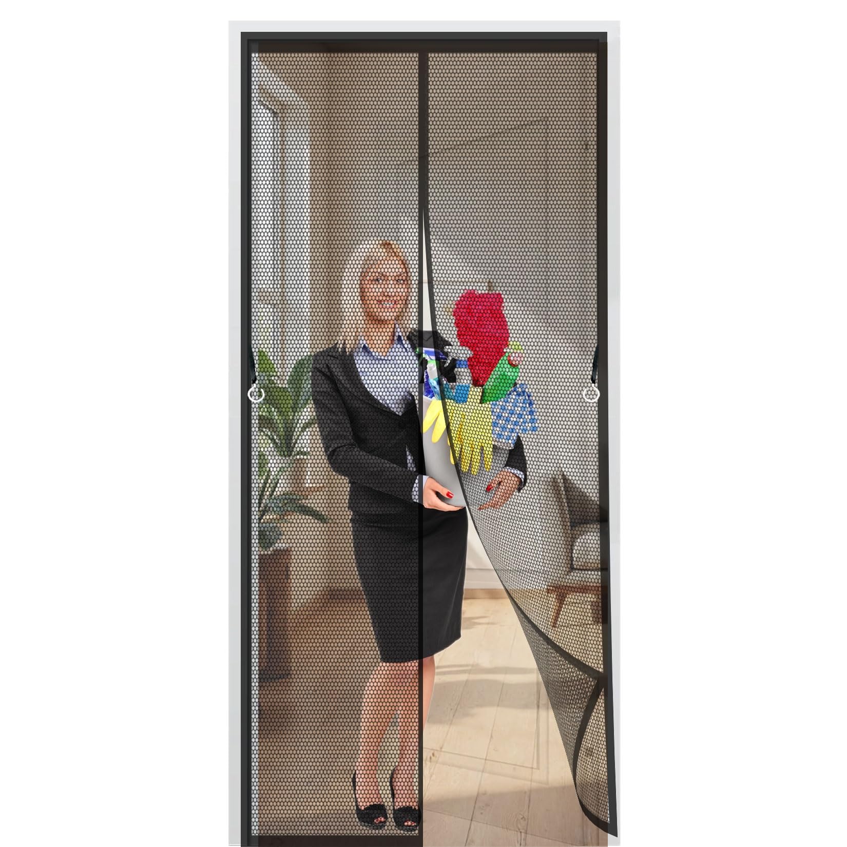 Magnetic Fly Screen Door 145 x 216 cm with Magnets, Magic Tapes, Polyester Screen Mesh Curtain Lets Fresh Air, Easy to Install for Patio Doors Bedroom, Black