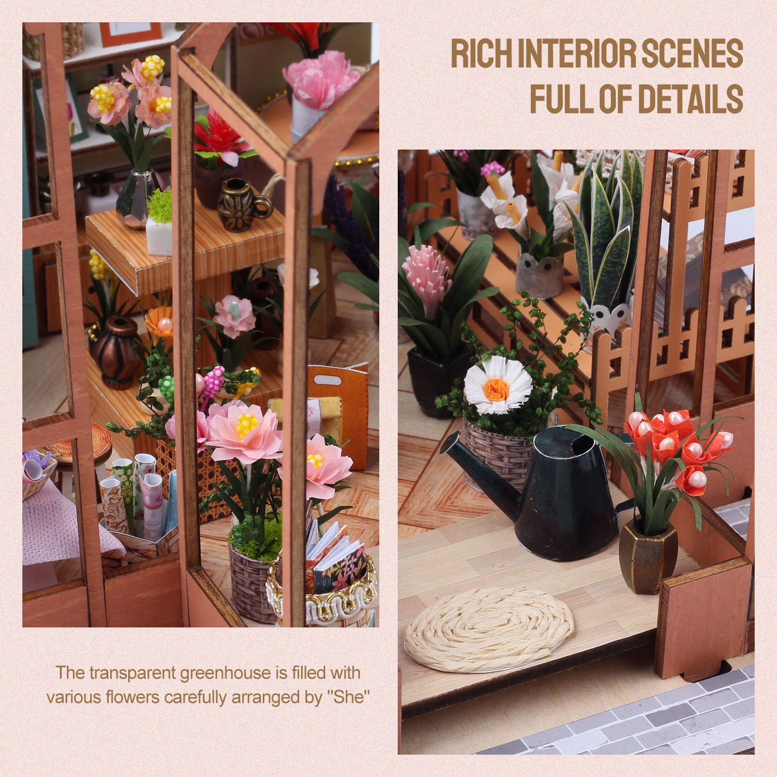 INSGEN DIY Miniature Dollhouse Greenhouse Building Room Kit, Wooden Diorama Book Nook House Kits Build Crafts for Adults, Miniature Street Tiny Library House Making Kit 1:24 Scale: Green