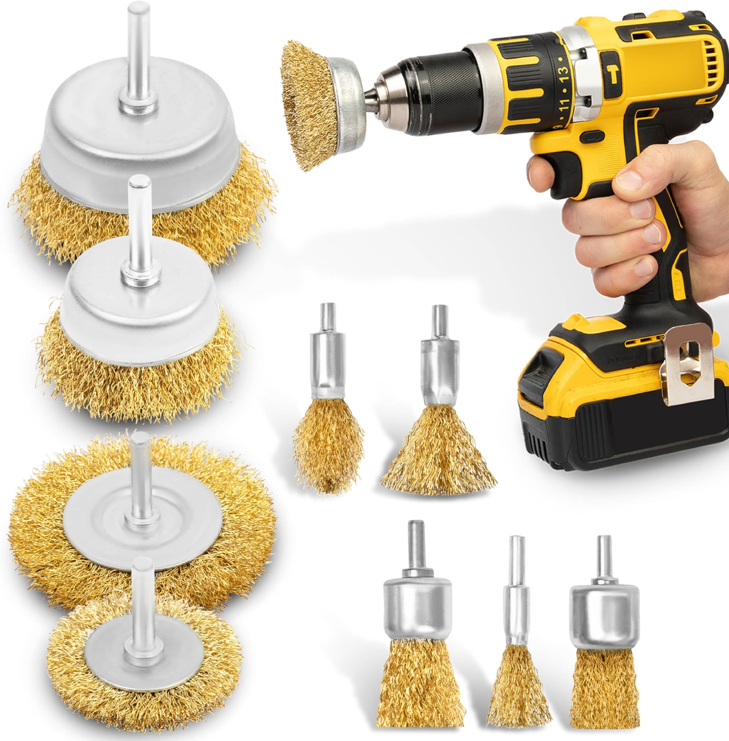 BLOSTM Steel Wire Brush for Drill - 9 PCS Brass Coated Drill Wire Brush Attachment Set with 1/4" Shank Hex - Metal Wheel Brushes for Cleaning, Rust & Paint Removal, Polishing (9 PCS)