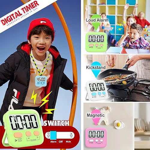 Miniatura 40 de Antonki Paquete de 2 temporizadores digitales para niños, temporizadores de cocina magnéticos de cuenta regresiva para cocinar, huevos, aula, 2 x