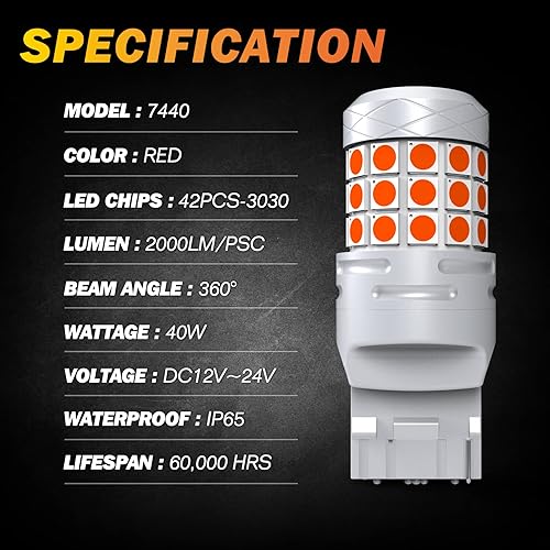 Miniatura 7 de Cenmoll Bombilla LED roja 582 W21W 7440, súper brillante, 40 W, 2000 lúmenes, 12 V-24 V, Canbus, libre de errores, WY21W 582 W21W, para luz de