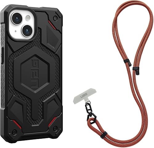 URBAN ARMOR GEAR UAG - Funda Monarch Pro Kevlar negra de 6.1 pulgadas diseñada para iPhone 15, compatible con MagSafe Bundle con cordón cruzado UAG