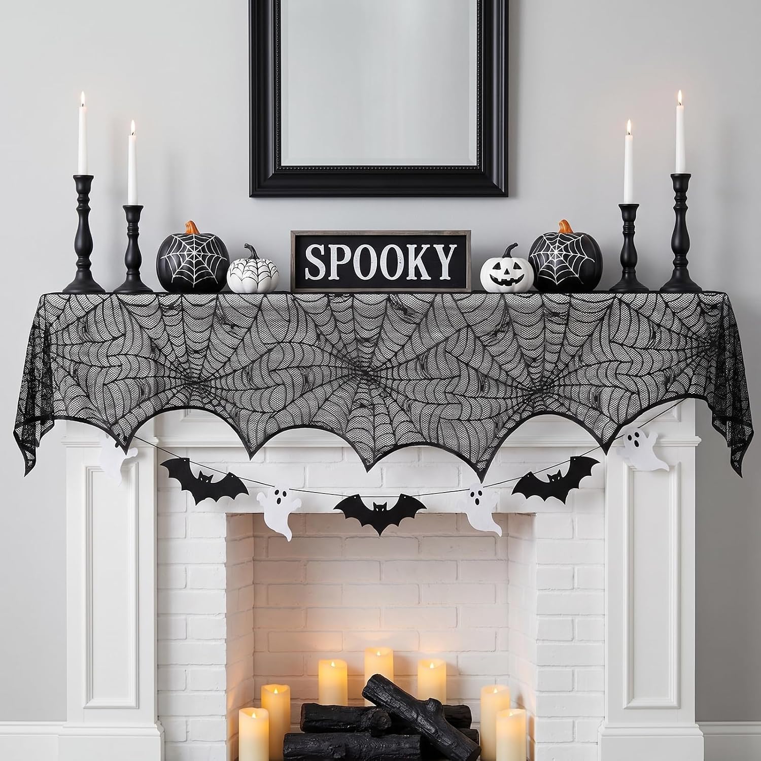 Halloween Mantel Scarf Black Lace Spiderweb for Fireplace Decor 18x96 inch image 2