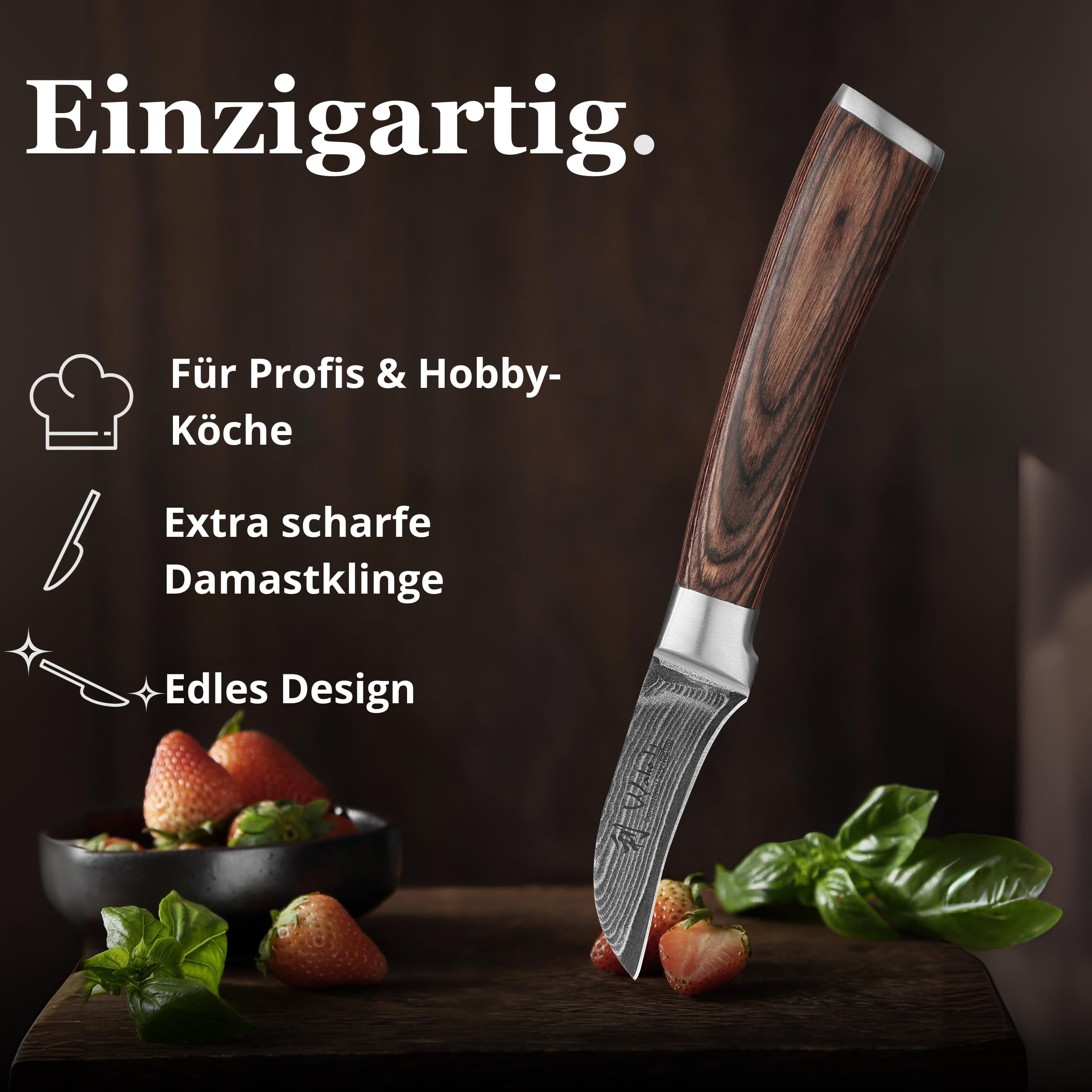 Wakoli EDIB Schälmesser Damaststahl VG10 Kern 6 cm gebogene Klinge Pakkaholzgriff Geschenkbox