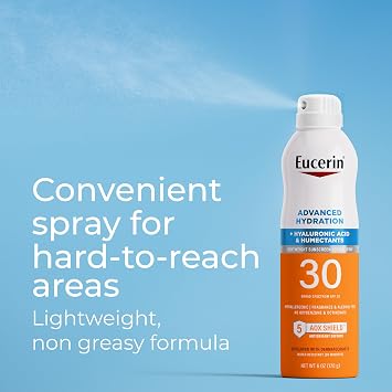 Eucerin Advanced Hydration SPF 30 Sunscreen Spray, Lightweight Spray Sunscreen with Hyaluronic Acid and Humectants, Hypoallergenic, Fragrance and Alcohol Free, 6 Oz Bottle