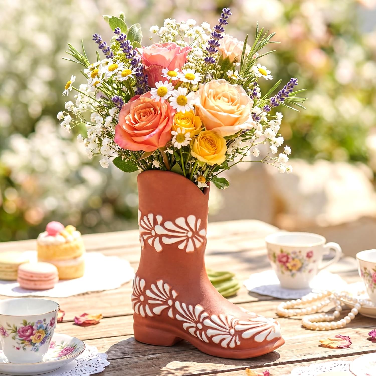 Mifoci Cielito Lindo Cowboy Boot Vase Dia De Las Madres Cinco De Mayo Centerpiece Mexican Talavera Ceramic Flower Vase Mexican Cowboy Boot Table Decor for Wedding Baby Shower Birthday Party Decoration