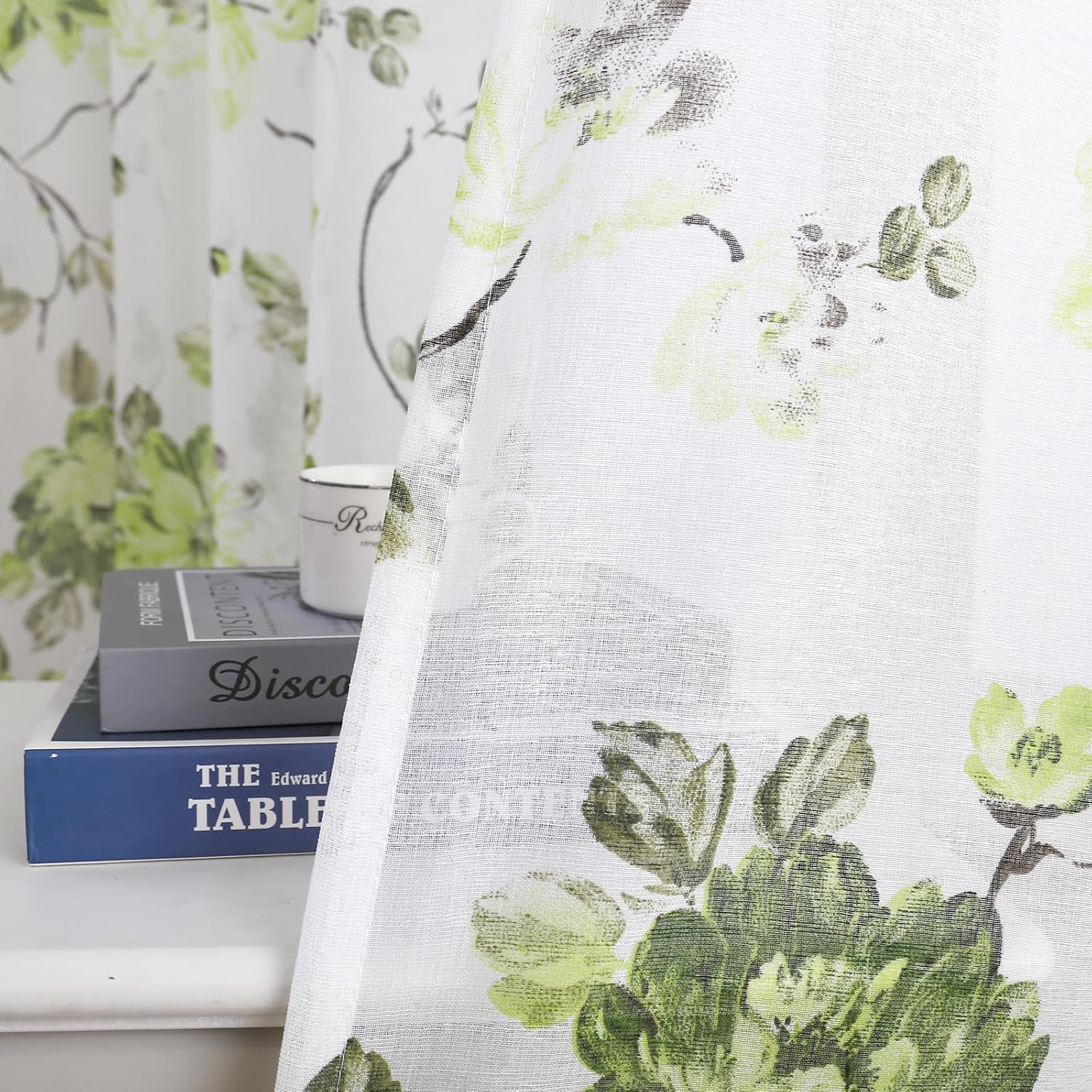 Green Floral Curtains 84 Inches Long 2 Panels White Slub Textured Fabric Flower Sheer Curtains for Living Room Rod Pocket Light Filtering Window Drapes for Spring Summer Bedroom Decor Office, 52x84 image 5