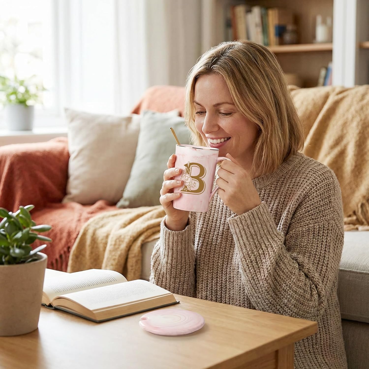Letter B Personalized Initial Mugs, Letter B Personalized Coffee Mug, Novelty Birthday Mother's day Gifts for Mom Grandma Her Women, Bridal Shower Gifts, 14 OZ Pink with Lid Spoon Gift Box - Image 3