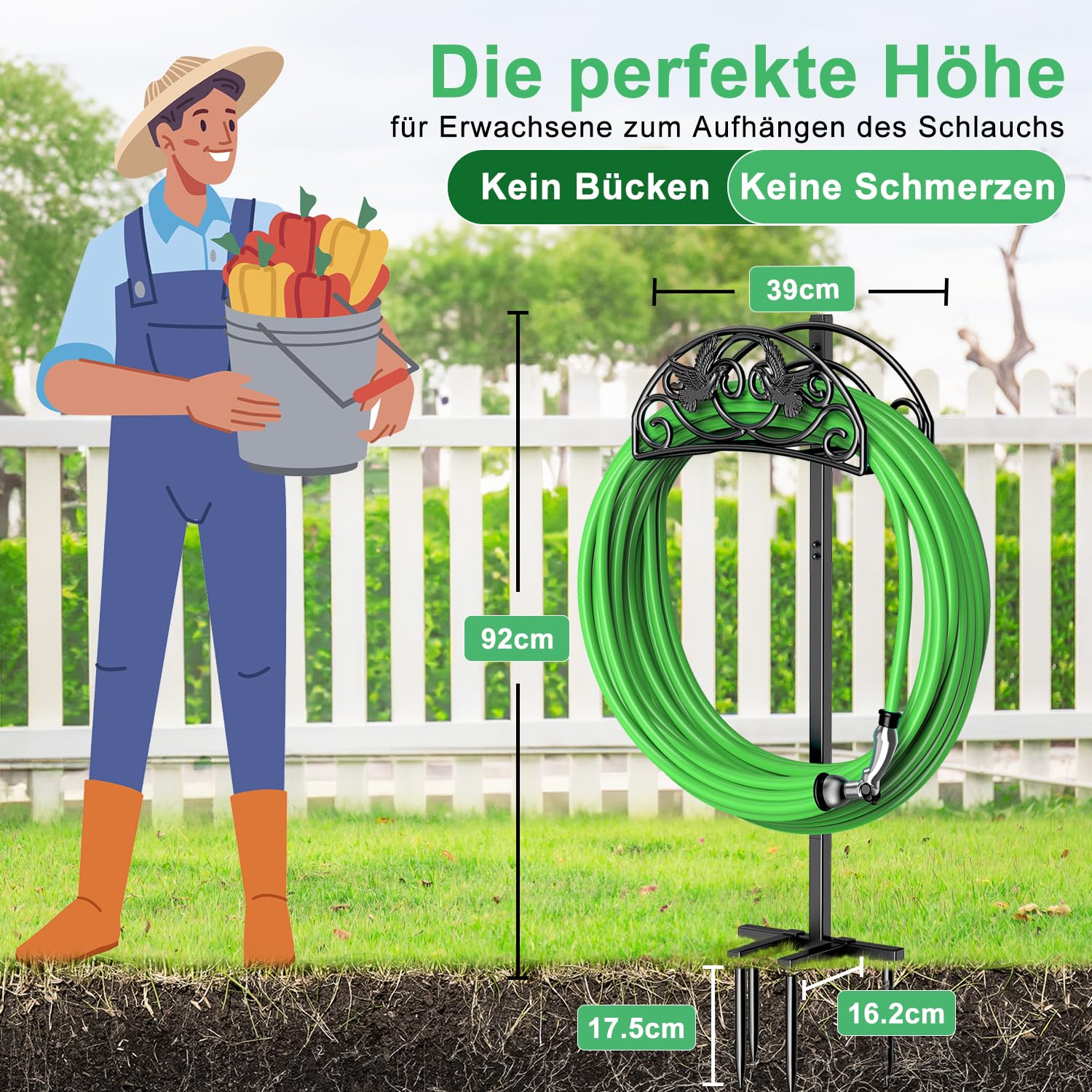 Gartenschlauchhalter, 109,5 cm StandfesterGartenschlauch Halterung Vogelart Schlauchhalter Freistehend, Abnehmbarer Metall Wasserschlauch Ständer Schlauchhalter für Garten und Rasen