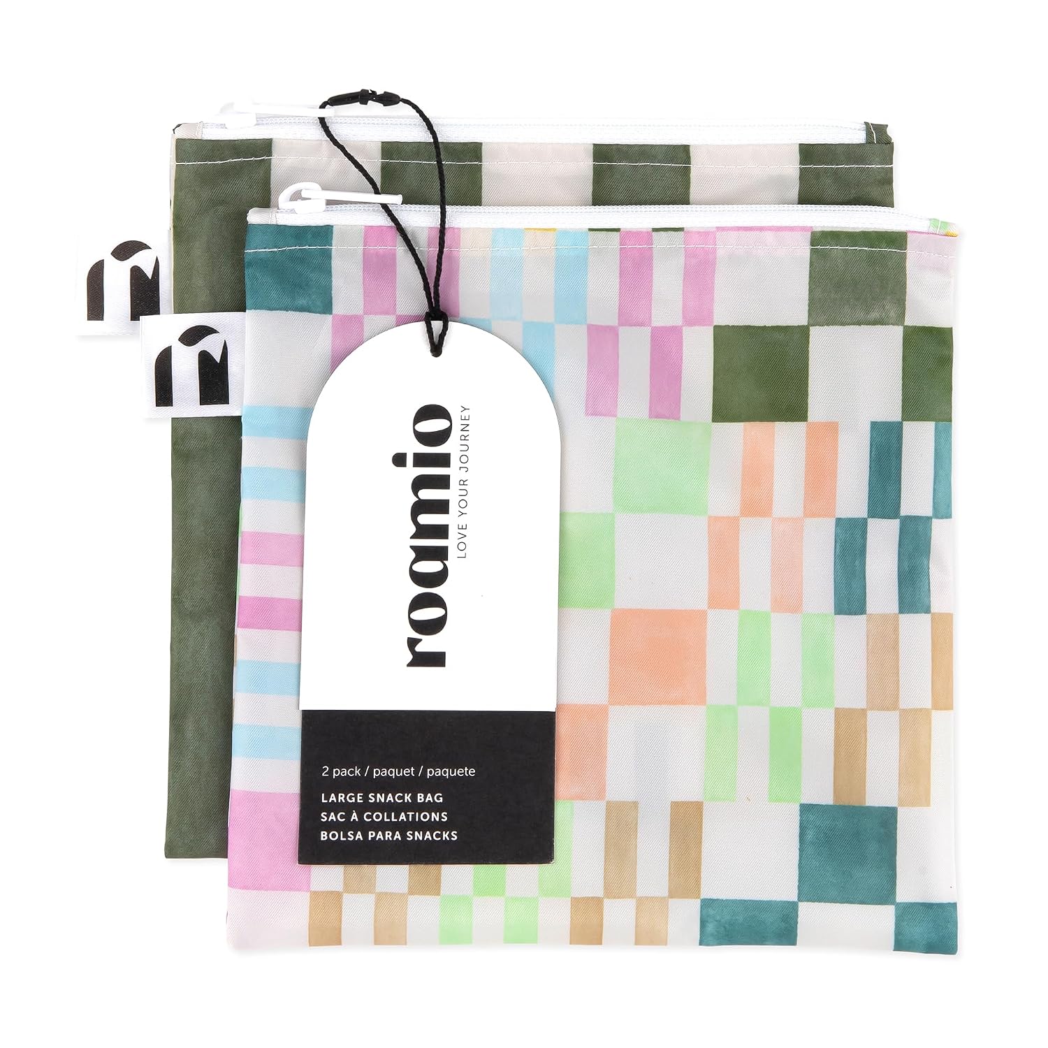 Bumkins Roamio Reusable Sandwich and Snack Bags, for Kids School Lunch and for Adults Portion, Washable Fabric, Waterproof Cloth Zip Travel Pouch, Food-Safe, Large 2-pk Green Stripe and Multi Check