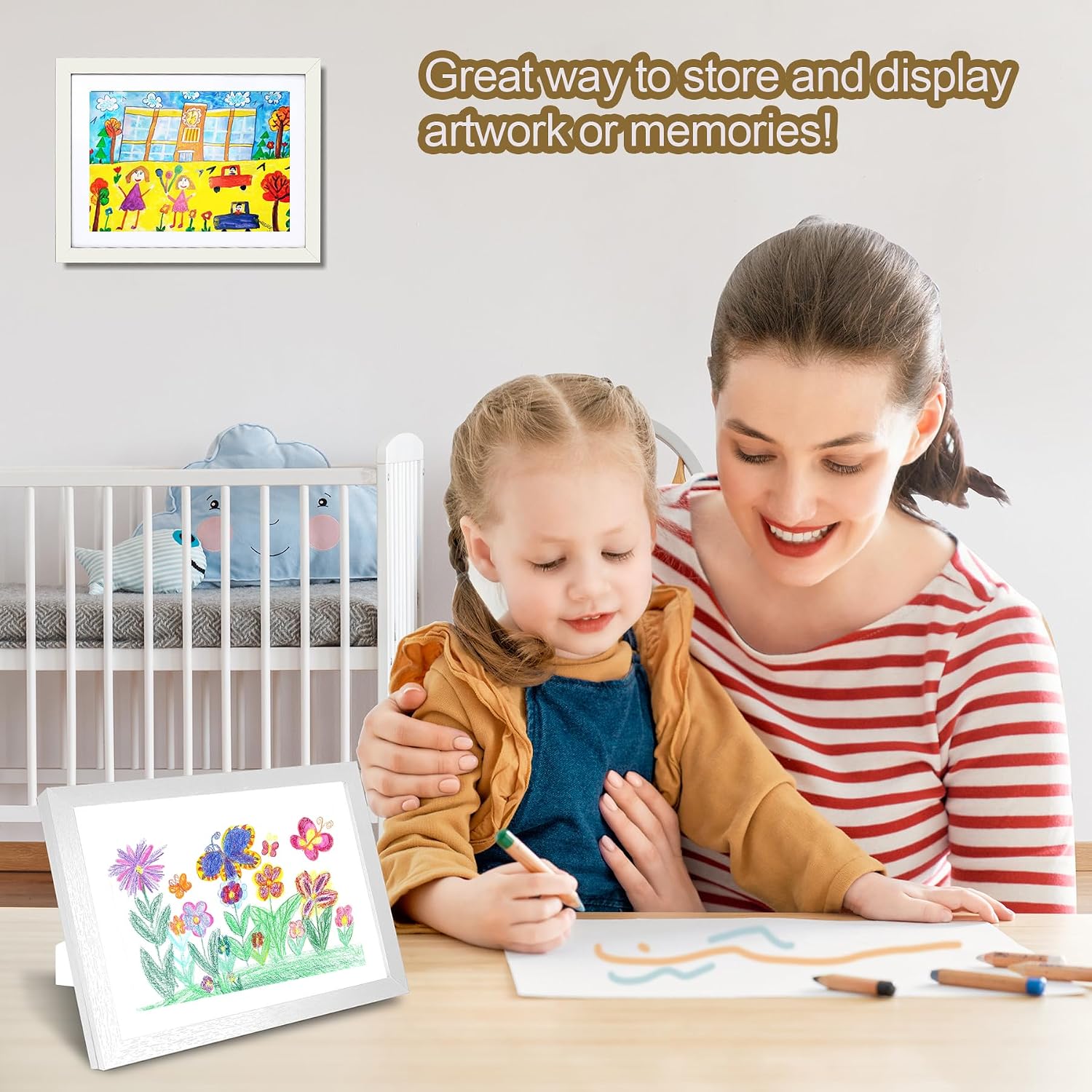 UBeesize 9.5x13 Kids Art Frame - A4 Artwork Display Kids Art Frames Front Opening Holds 50 - Changeable Picture Display 8.5x11 Without Mat and 6.1x9.6 With Mat -Storage Frames with Easel Back(White)