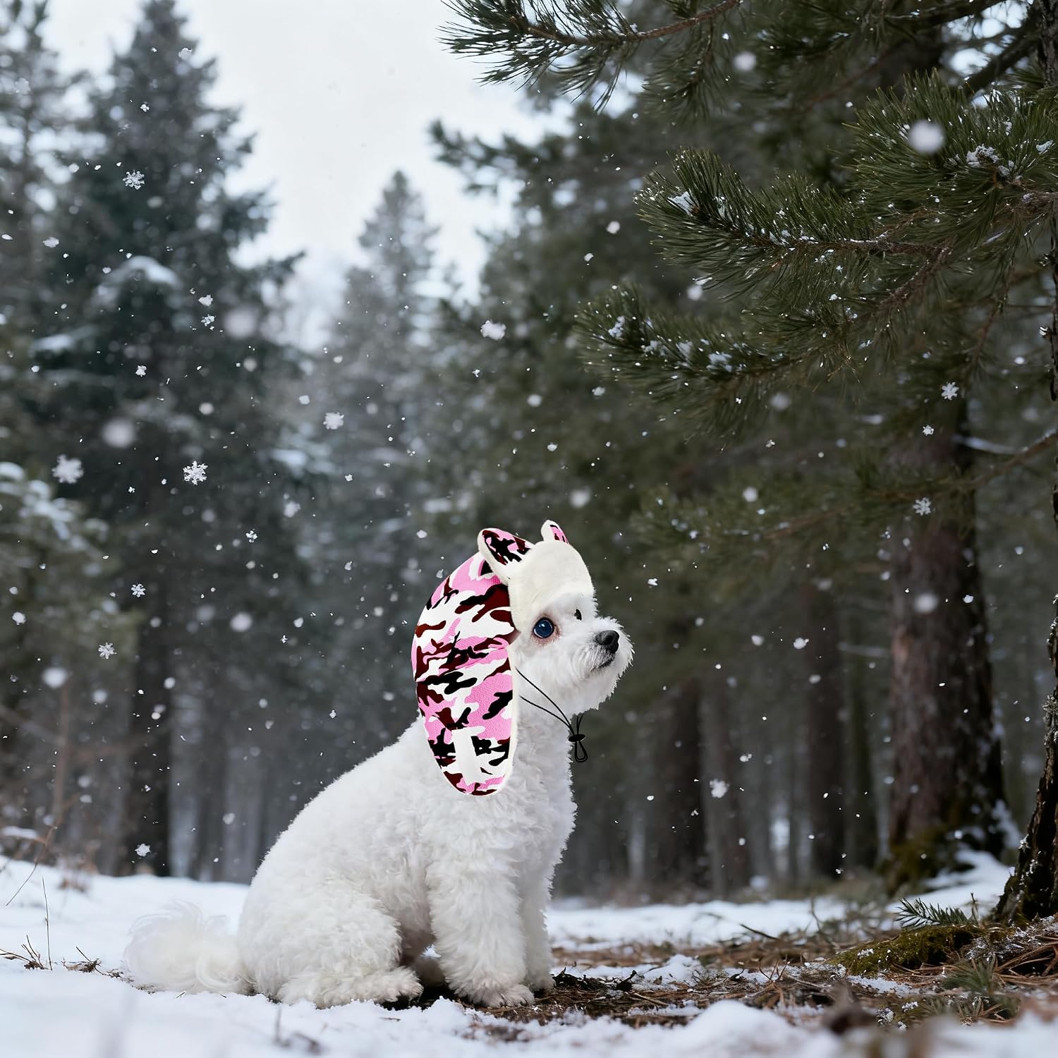 Dog Winter Hats for Medium Dog Girl Trapper Hats with Ear Cover Soft Fleece with Adjustable Elastic Cord Pink Camo M