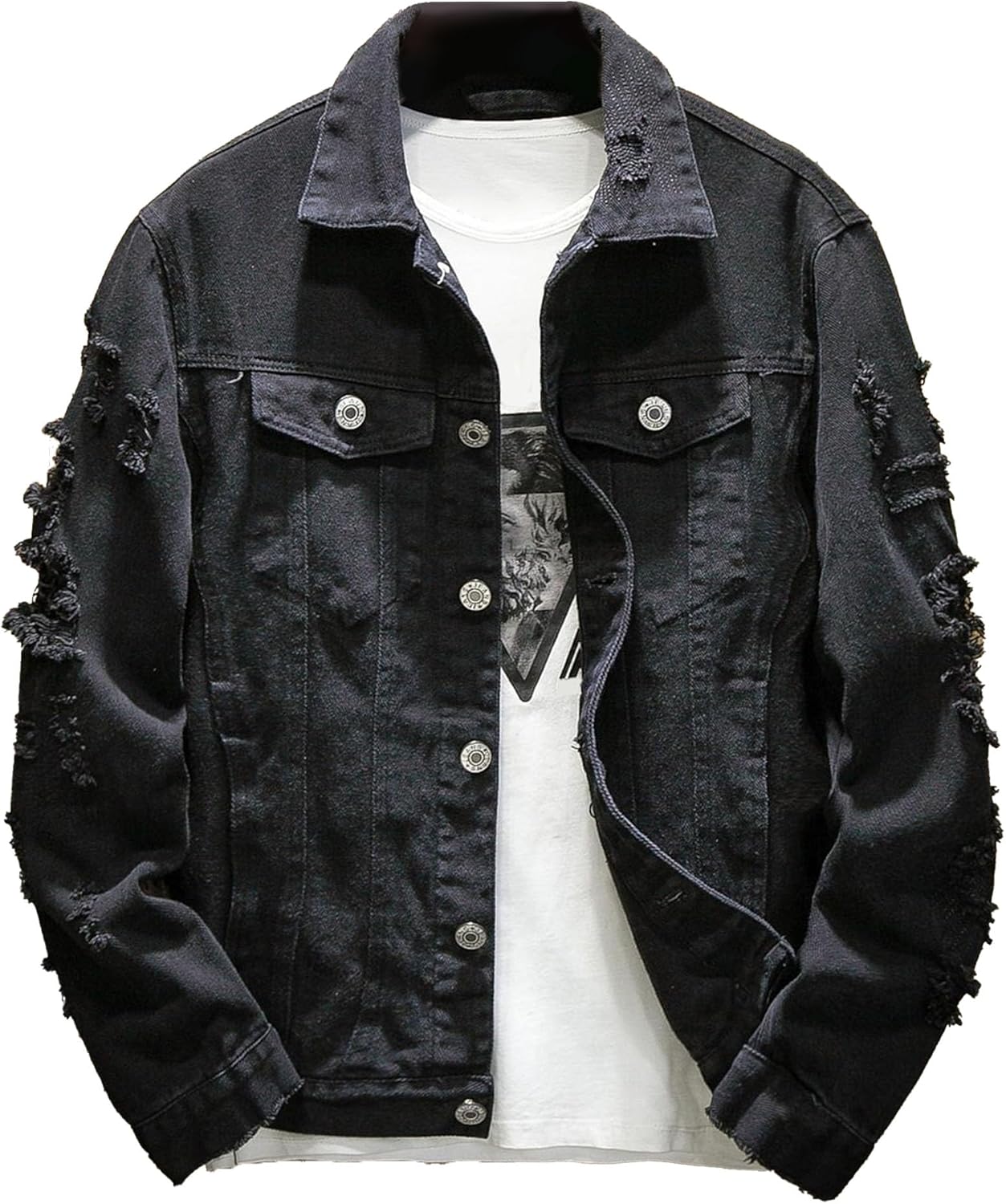 Maiyifu-GJ Men's Distressed Ripped Denim Jacket Slim Fit Casual Button Down Trucker Jean Coat Cotton Lightweight Outerwear