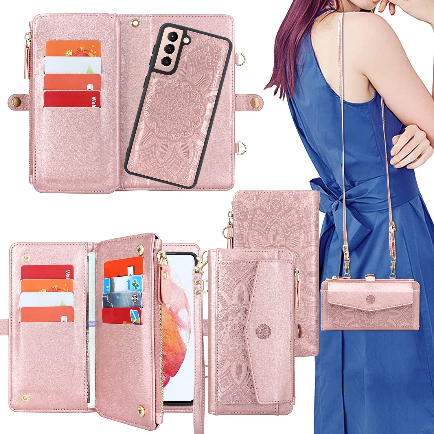Harryshell[12 Card Slots] [Block Theft Card Scanning] Function, Detachable Magnet Wallet Case Cover Cash Bill Zipper Pocket Crossbody Lanyard Strap for Samsung Galaxy S21 5G 6.2" (Floral Rose Gold)