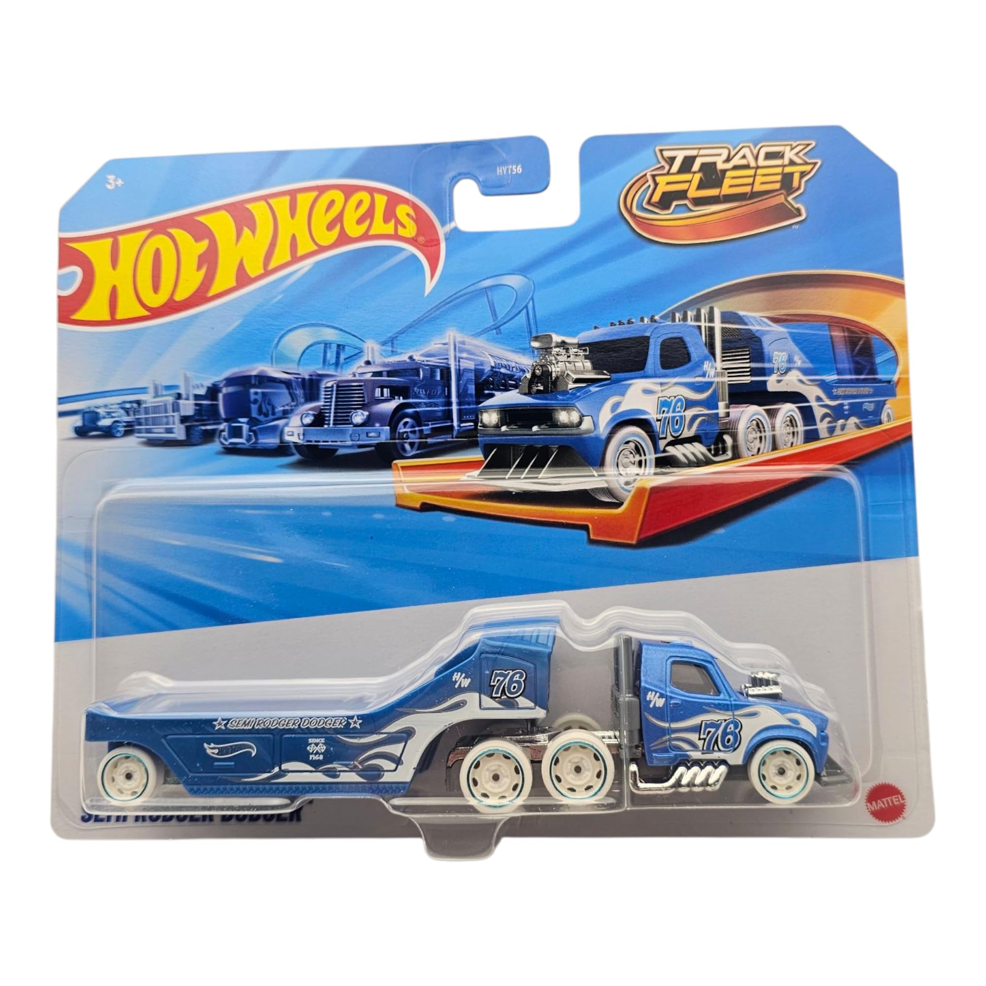 Hot Wheels Track Fleet Semi Rodger Dodger, 1:64 Scale, Blue Racing Truck, Die-Cast Model