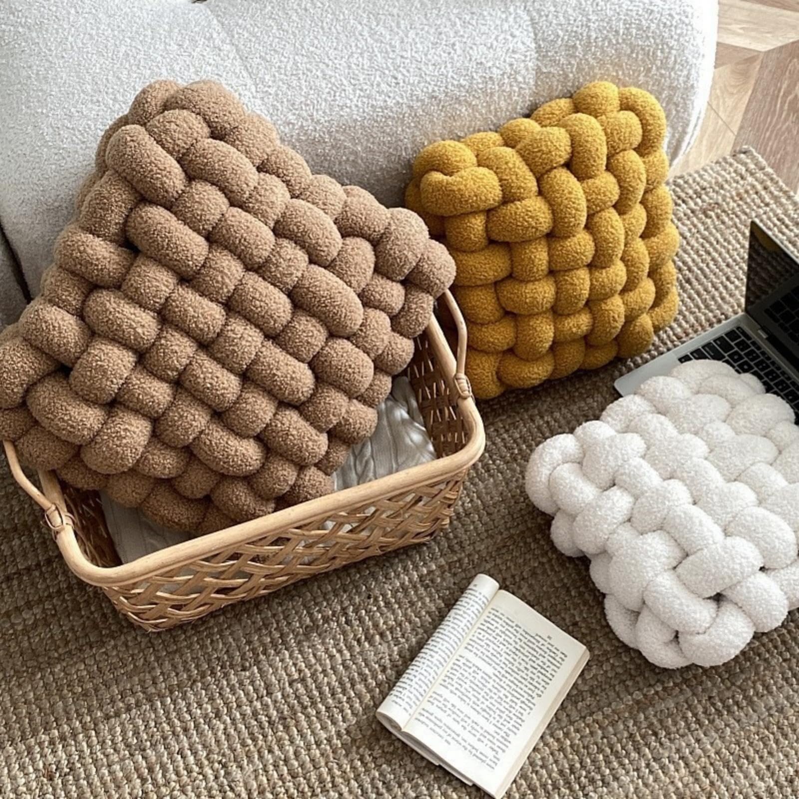 champracer Handgewebtes Sofa Rücken Extra Dicke Sitzauflagen Knotenkugelkissen KnotenKissen Zierkissen Knoten für Gewebtes sitzkissen Bodenkissen Plüschkissen für Wohnzimmer (30 * 33 * 12CM,Grau)