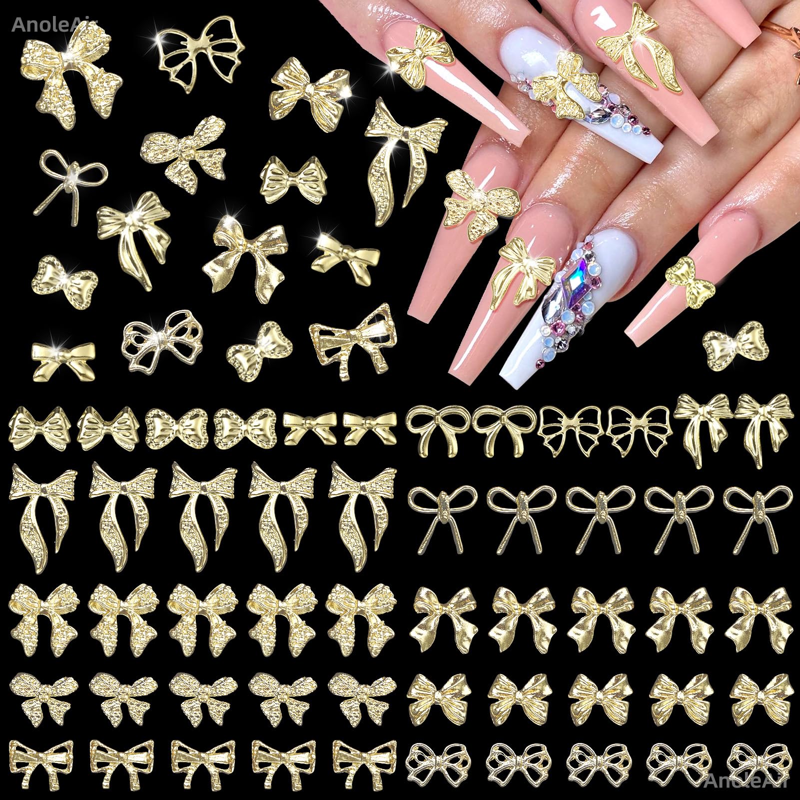 180 Pcs Gold Bow Nail Charms, 3D Alloy Bow Bowkont Nail Art Charms, Golden Bows Nail Art Studs Rivets for Acrylic Nails, Gold Bows Nail Art Charms Jewelry for Nails DIY Y2K Golden-S1