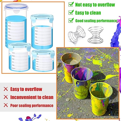 Vista 24 de Skylety Juego de 8 recipientes de plástico para pintura con tapas, recipiente hermético de almacenamiento de pintura con bola mezcladora de acero