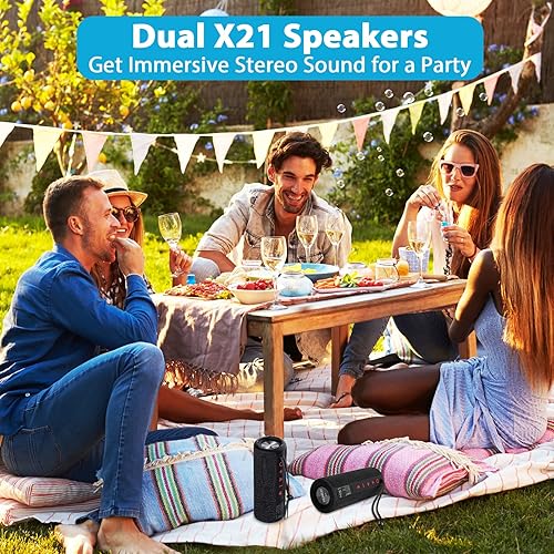 Miniatura 6 de X21 Altavoces Bluetooth portátiles duales, impermeables, para exteriores, emparejamiento estéreo inalámbrico con radio FM, tarjeta micro SD, IPX6,