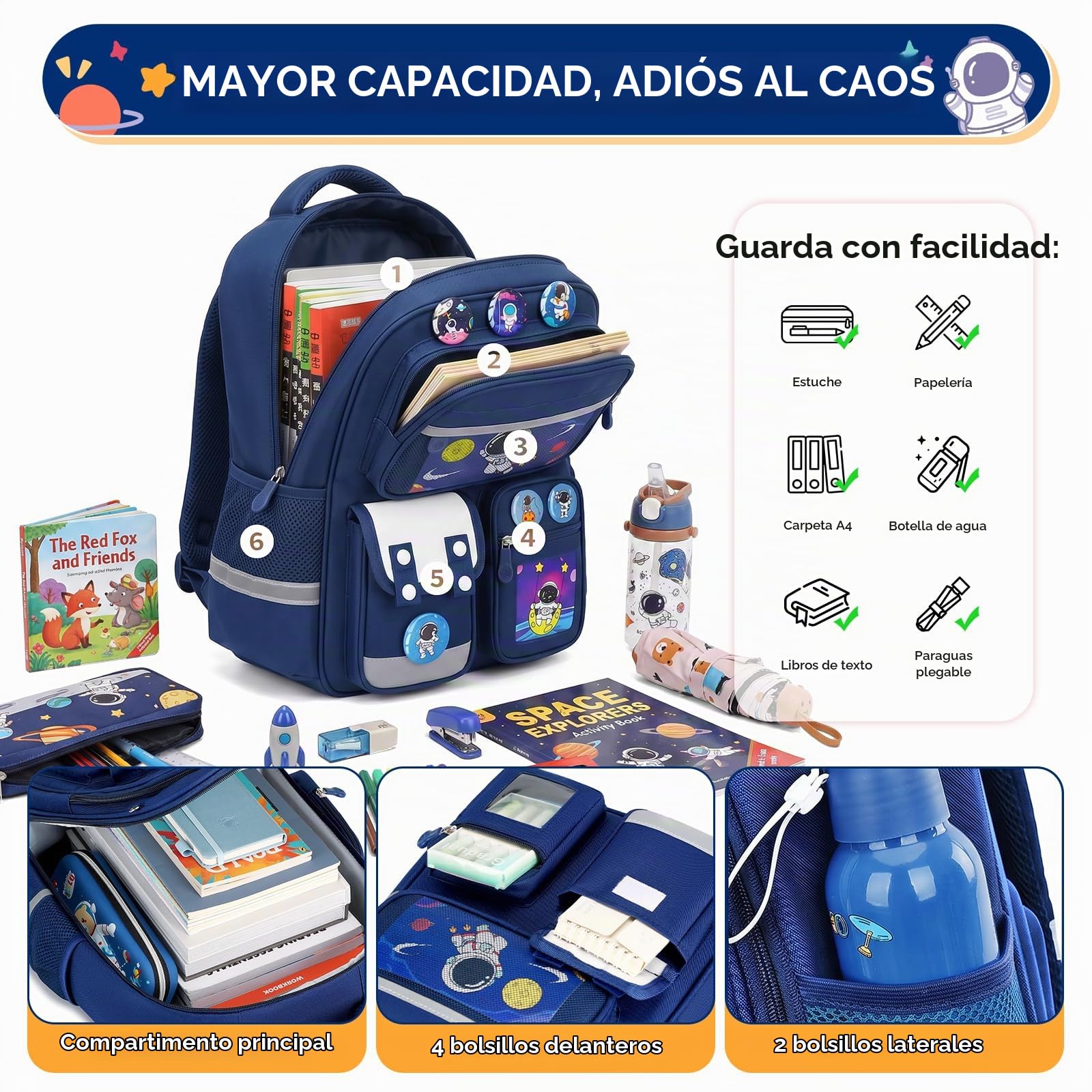 Amythe Mochila Niño 8-12 Años Primaria – Mochila Ergonómica Ligera con Bandas Reflectantes, Compartimento A4, Oxford 300D – Diseño Astronauta – Regalo Vuelta al Cole -Azul