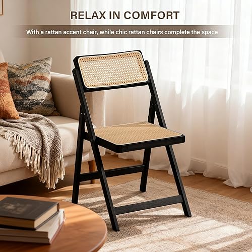 Miniatura 7 de Juego de 2 sillas plegables de ratán, sillas de comedor modernas de mediados de siglo, sillas de bambú al aire libre para dormitorio, sala de estar,