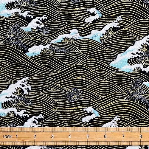 PH PandaHall 1Yard Sea Wave Fabric 60.6Inch Wide Japanese Wave Fabric Cotton Coffee Upholstery Fabrics Retro Printed Sewing Fabrics for DIY Crafts