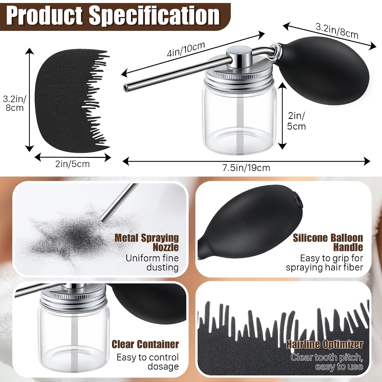 Hohean Hair Building Fiber Spray with Hairline Optimizer, Hair Fibers Spray for Hair-building, Portable Fiber Powder with Nozzle, Hairline Building Powder Accessory(Black)