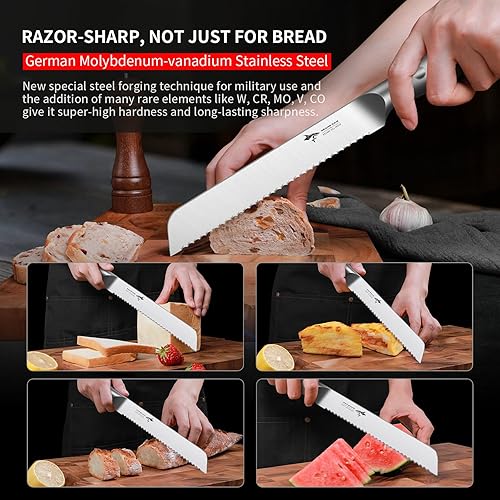 Miniatura 3 de Cuchillo de pan de 8 pulgadas, hoja afilada de acero alemán de molibdeno y vanadio, cuchillo de pan dentado profesional para pan casero, cuchillo de