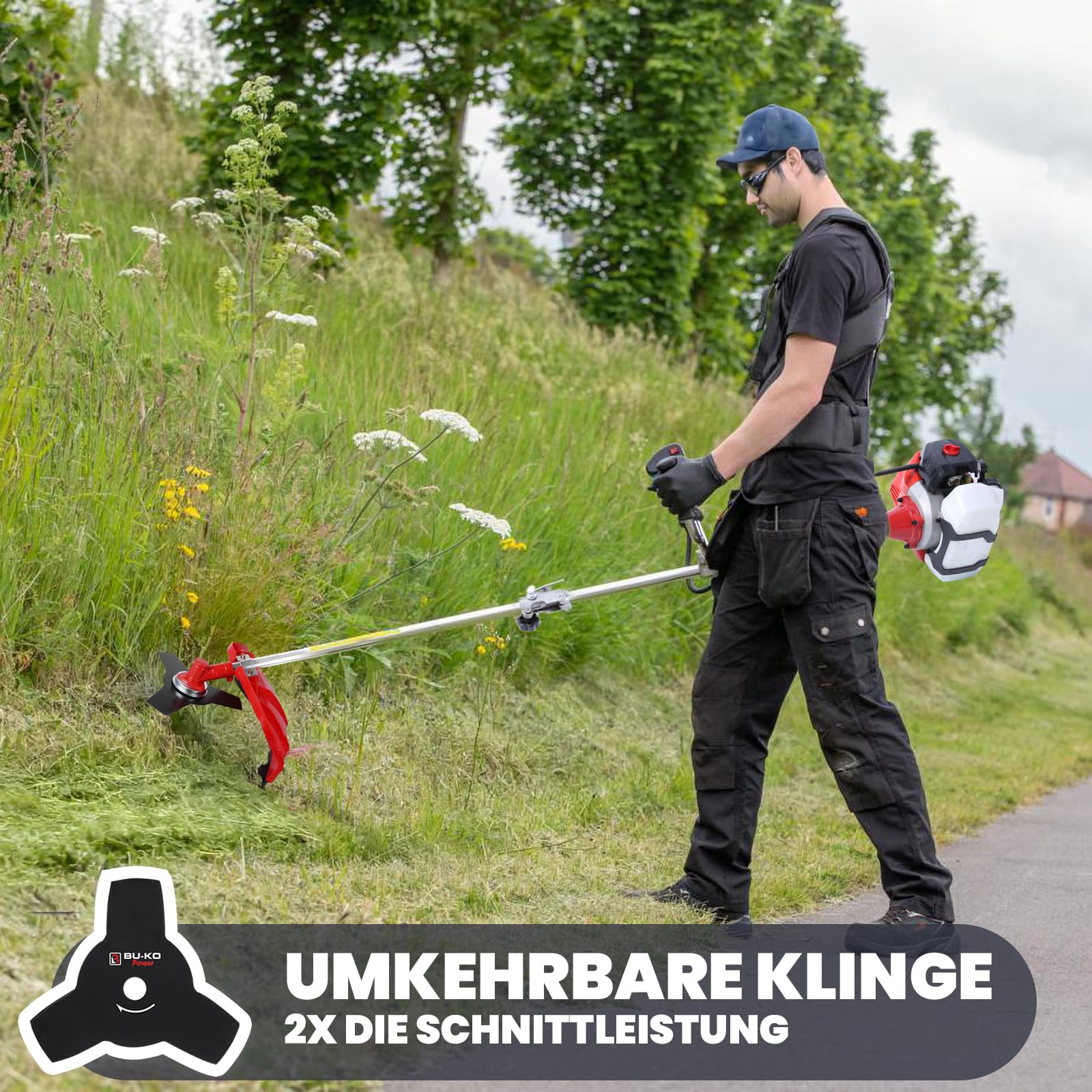 BU-KO 52cc Motorsense Benzin Rasentrimmer Garden Tool inklusive: String Trimmer, Freischneider mit 3T Blade, Stahldraht Strummer Wildkrautbürste Schneidemesser. Tolles Outdoor Tool