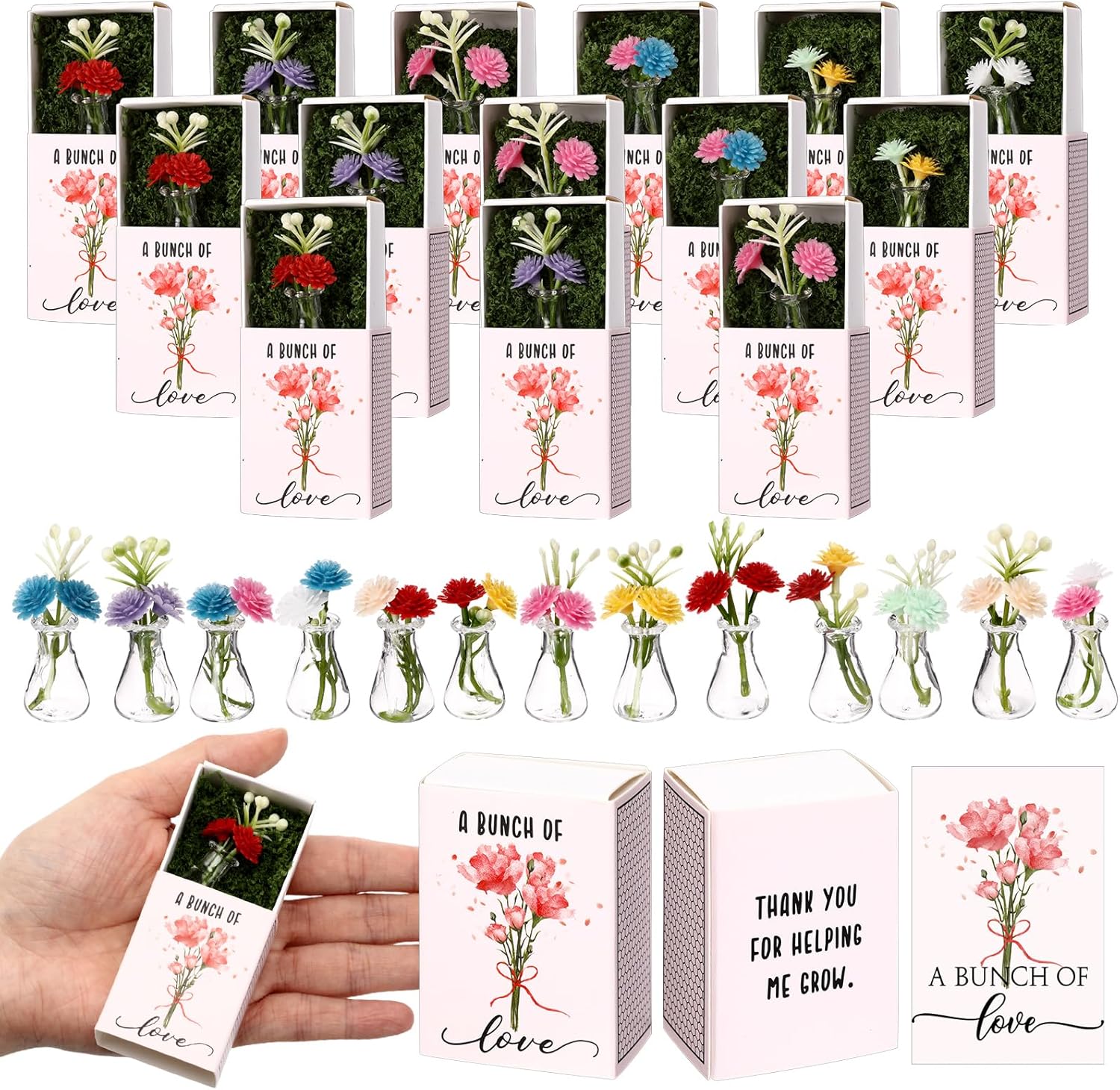 24 Sets Thank You Bulk Gifts for Women Mothers Day Teacher Appreciation Positive Mini Bud Vases with Flowers Office Desk Decor Mini Box Breathing Gifts for Nurse Graduation Office Coworker (Clear)