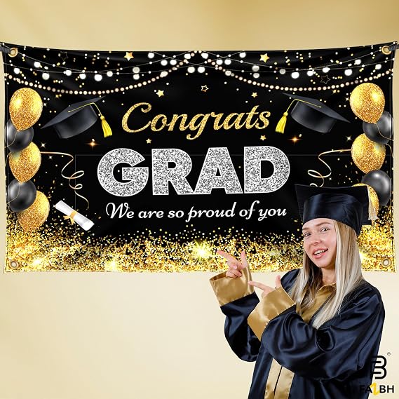 Congrats Grad We Are So Proud Of You Banner - XtraLarge, 72x44 Inch | Congrats Grad Backdrop | Black, Gold, Silver Graduation for Graduation Decorations 2026, Class of 2026 Decorations | College, Highschool Grad Party Decor