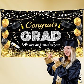 Congrats Grad We Are So Proud Of You Banner - XtraLarge, 72x44 Inch | Congrats Grad Backdrop | Black, Gold, Silver Graduation for Graduation Decorations 2026, Class of 2026 Decorations | College, Highschool Grad Party Decor