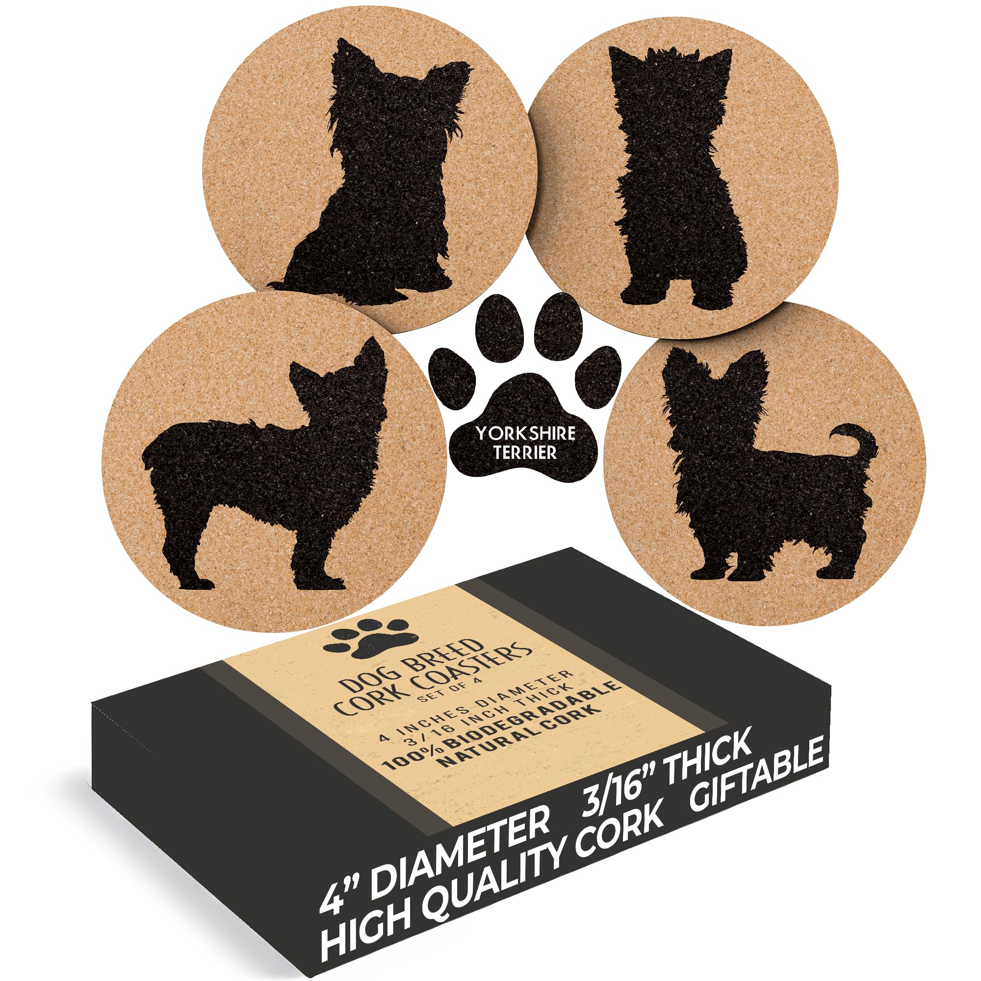 Greenline Goods Yorkshire Terrier Lovers Cork Drink Coasters - Set Of 4 Dog Coasters With Protective Bottom | Decor Coasters For Drinks| Great Gift Idea For Moms & Dads