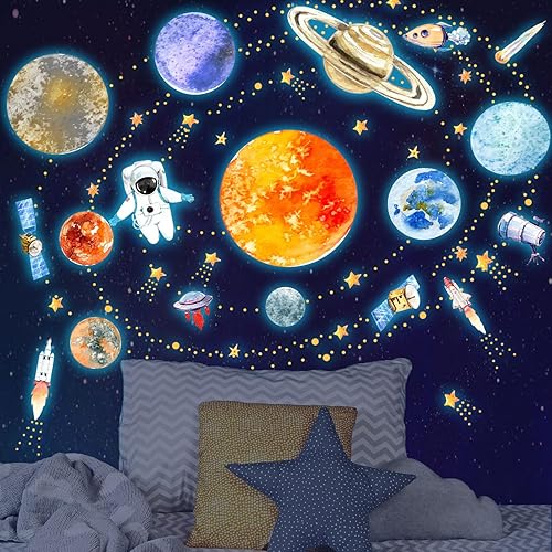 Calcomanías de pared que brillan en la oscuridad, planetas y estrellas, astronauta luminosa, galaxia, cohetes espaciales, decoración de techo para