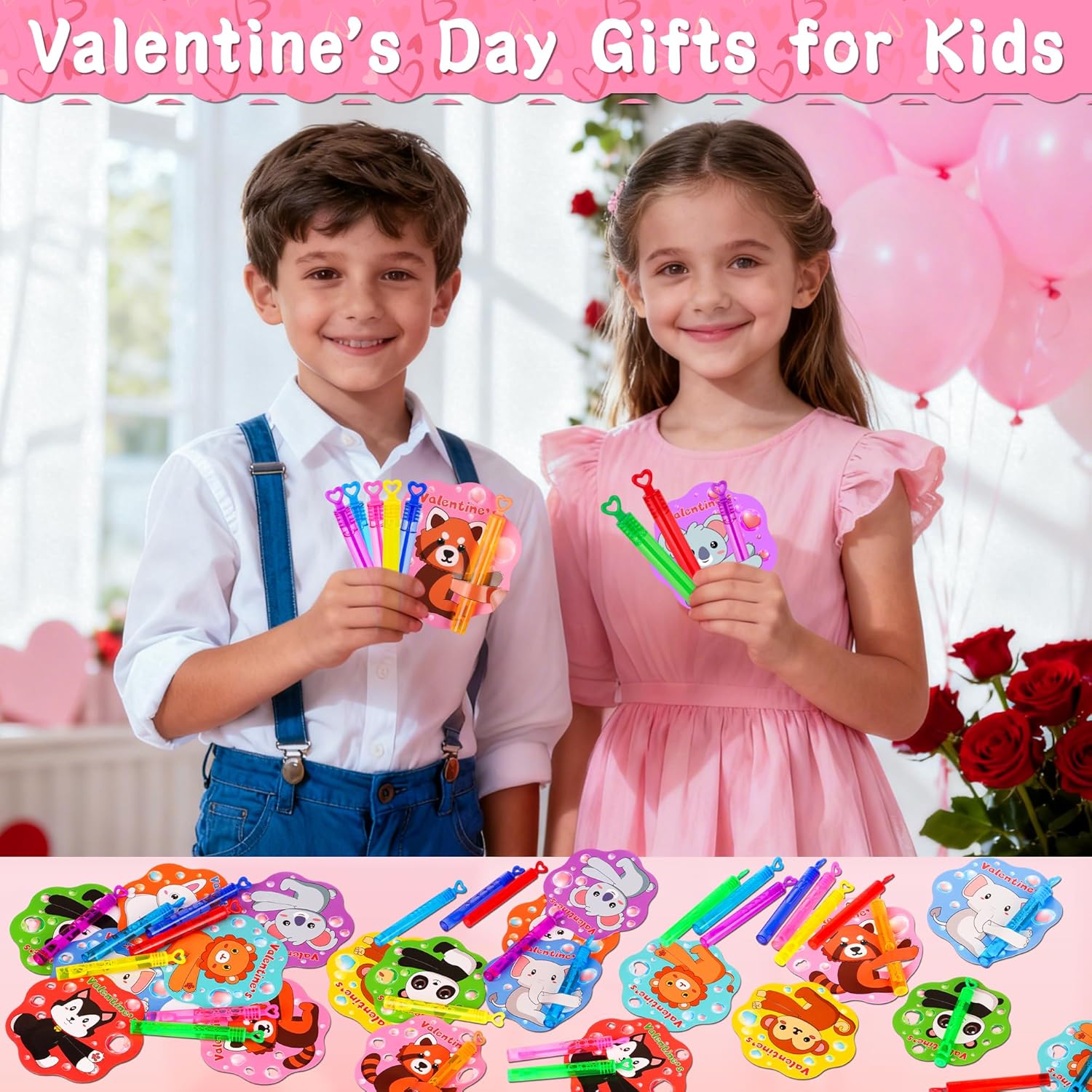 32 Pack Valentines Day Gifts for Kids Classroom Mini Bubble Wands with Valentines Animals Valentines Cards for Kids School, Valentines Day Class Prize Party Favors Classroom Exchange Greeting Cards