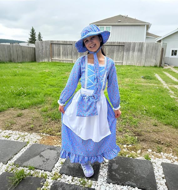 Meland Pioneer Dress for Girls - Colonial Floral Costume with Bonnet, Apron & Purse, Pionner Outfit for Girls 9-10 Years