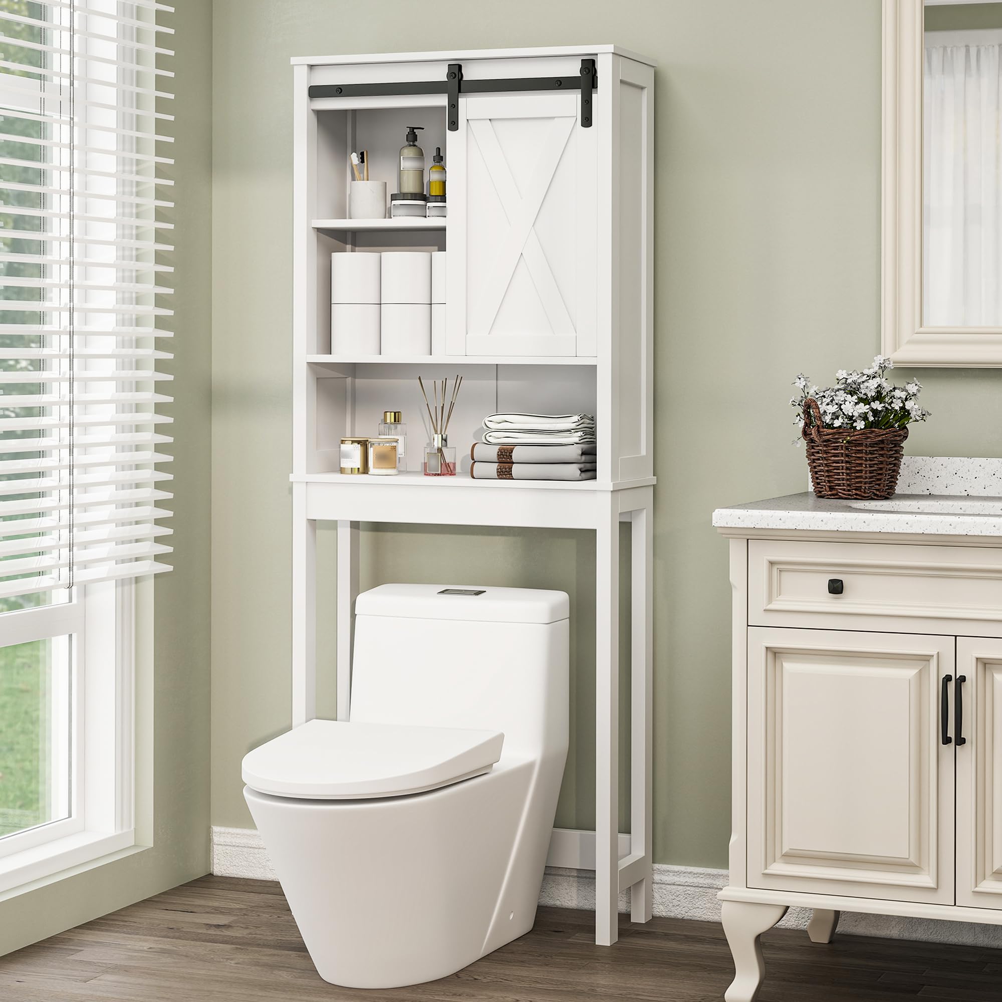 Xilingol Over The Toilet Storage Cabinet, Farmhouse Bathroom Storage Cabinet with Sliding Doors and Adjustable Shelf, Space-Saving Over Toilet Storage